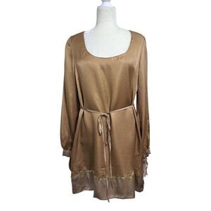 Hale Bob Women's Gold Long Sleeve Silk Blend Party Cocktail Resort Mini Dress L